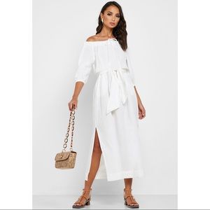 Topshop Belted Bardot Linen Blend White Dress
